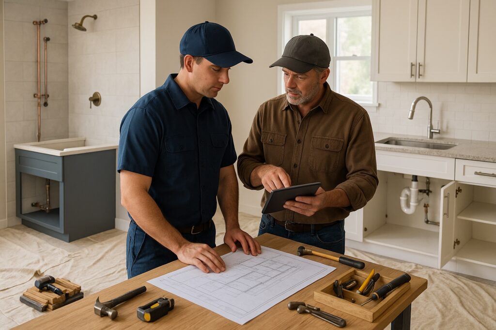 emergency-plumber-discussing-plans-in-kitchen-renovation