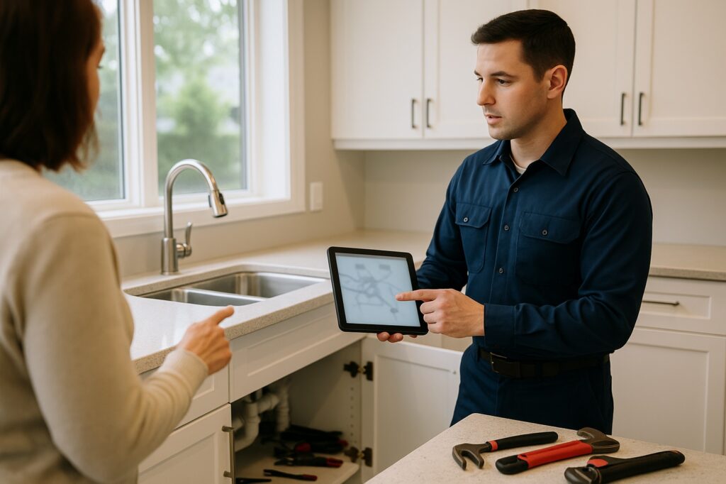 emergency plumber reviewing plumbing issue with client | GPS: 49.097833, -122.590129