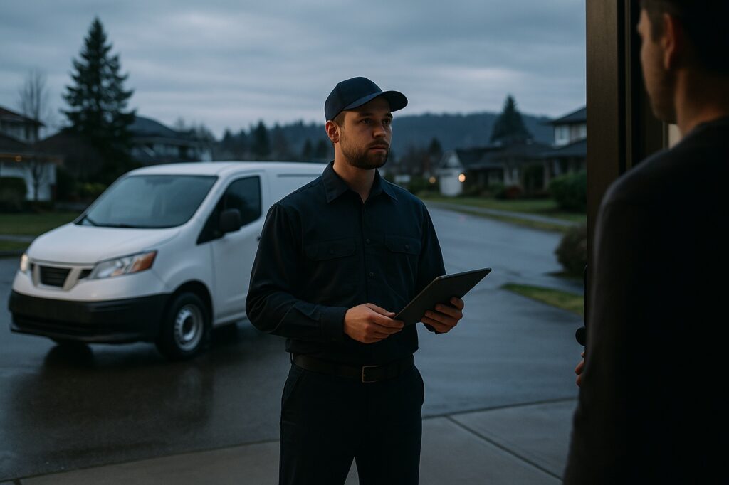 house call plumber with van at residential doorstep | GPS: 49.118289, -122.558925