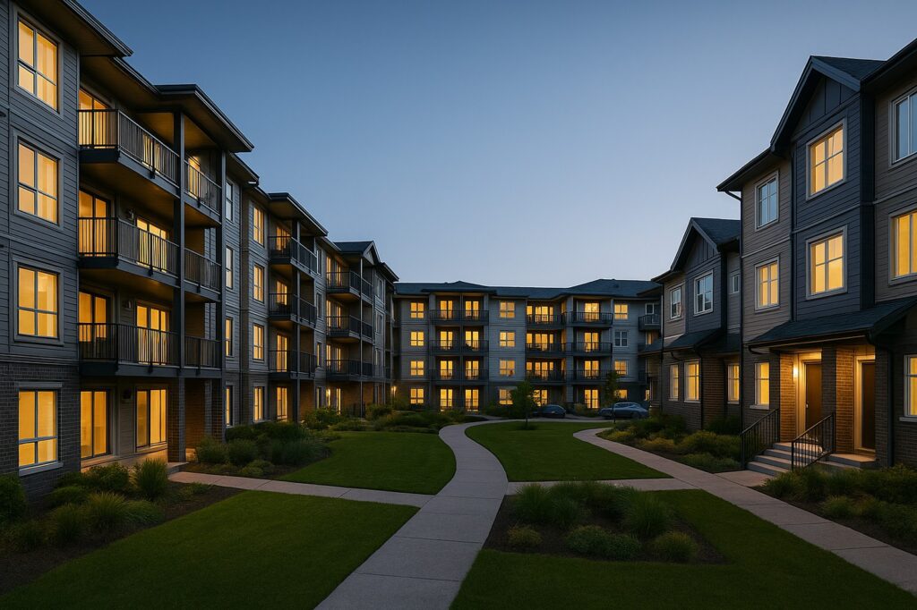 modern apartment complex night plumbing services.jpg | GPS: 49.102968, -122.582296