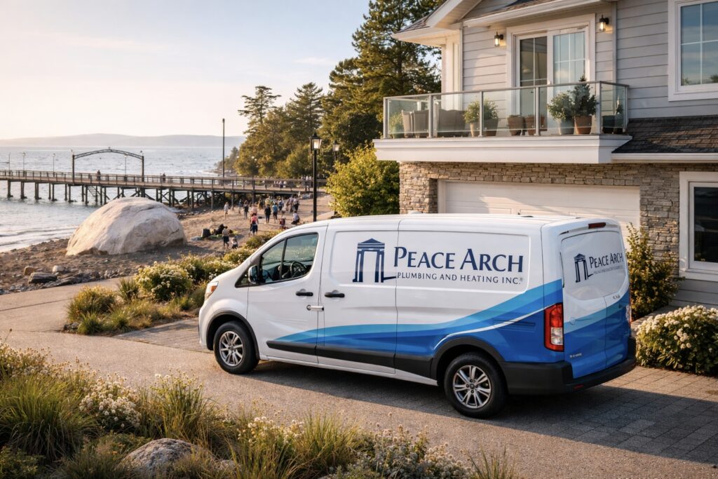 peace arch plumbing van near beach and pier in sunset light