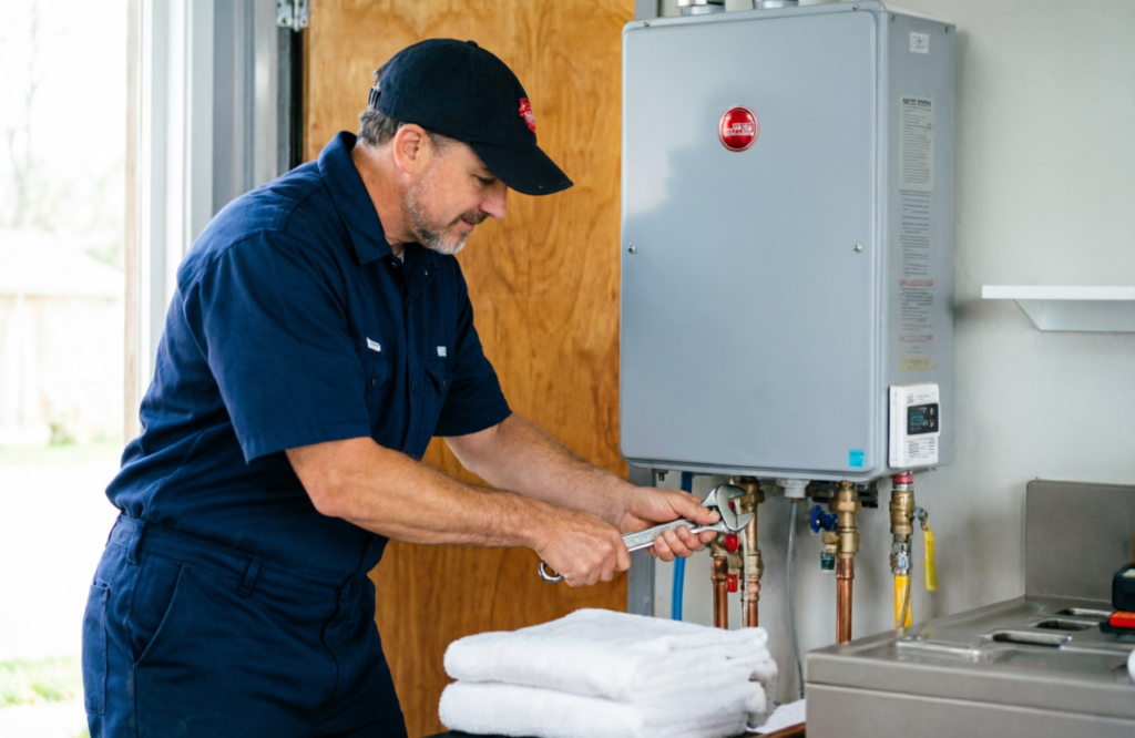 after-hours-plumber-working-on-hot-water-heater-system