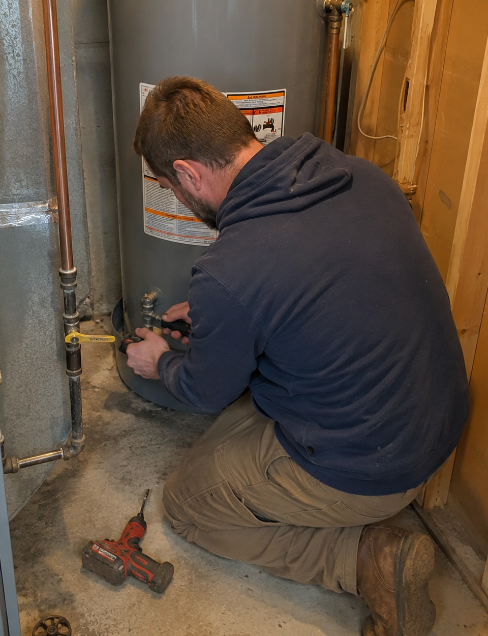 plumber installing water heater peace arch plumbing