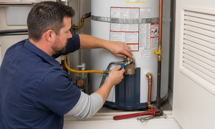 man repairing langley water heater with tools and pipes