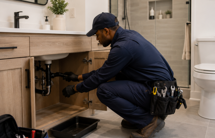 peace arch plumbing heating plumber fixing sink in bathroom