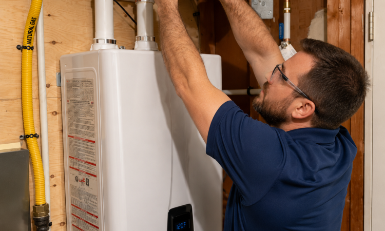 plumber installing tankless water heater peace arch plumbing