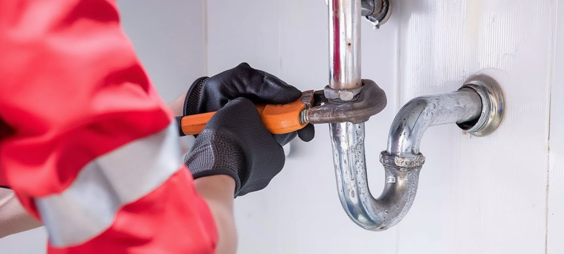 Skilled Plumber Tightens Sink Drain With Pipe Wrench